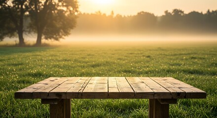 Fototapeta premium Rustic Wooden Tabletop Overlooking a Lush Green Summer Meadow at Sunset