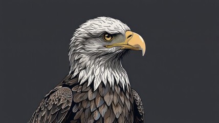 Obraz premium Close-up portrait of a bald eagle's head and neck, showcasing detailed feathers and intense gaze against a dark gray background.