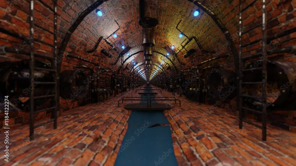 Poster endless forward movement through a tunnel with rusty pipes. steampunk sewer. looped animated backgro