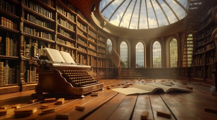 Obraz premium Sunlit Library with Antique Typewriter and Open Books for Writing Workshops