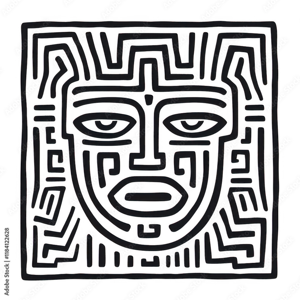 Poster abstract tribal face design with intricate maze patterns in black lines on a white background., isol