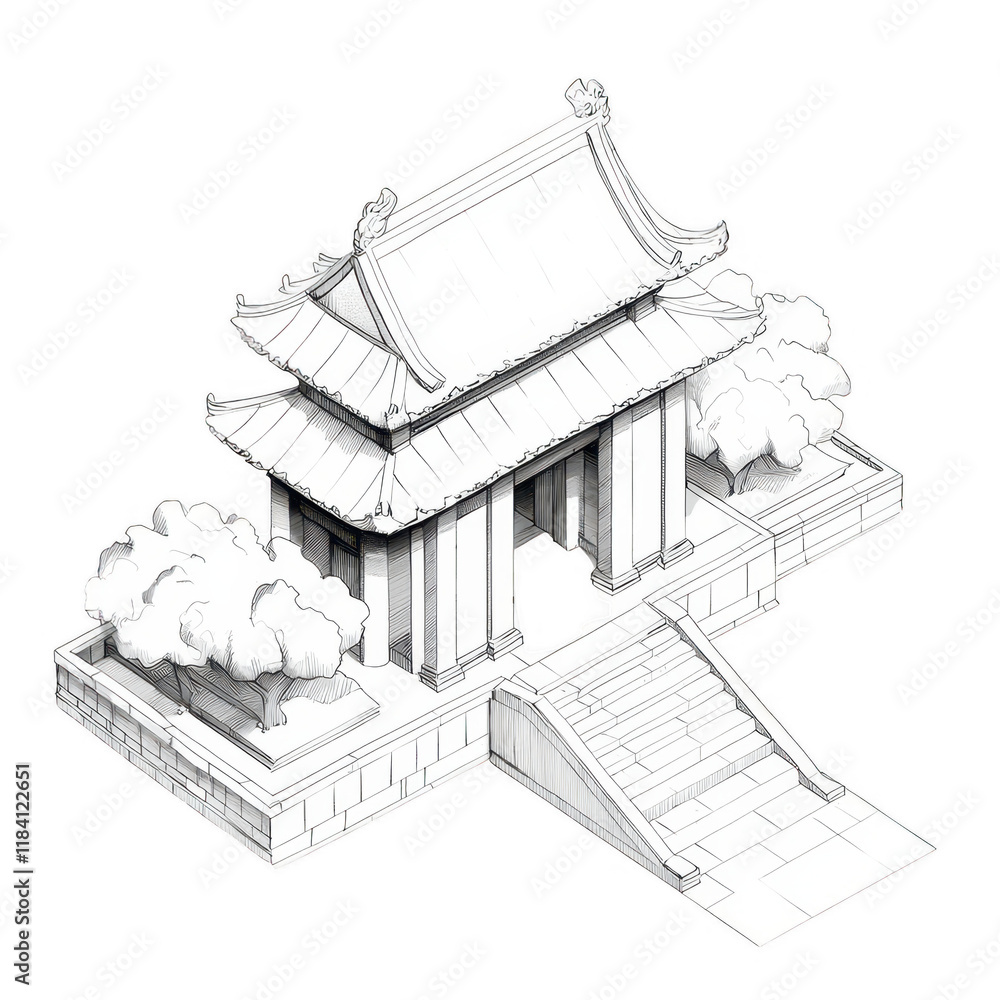 Poster an architectural sketch of a traditional gate with trees and steps., isolated on a transparent backg
