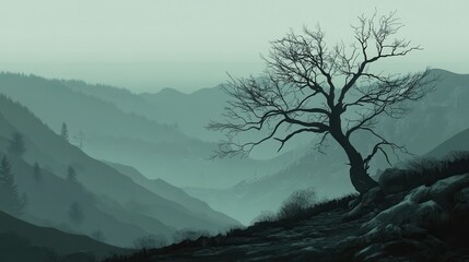 Obraz premium Barren Tree Stands Alone Amid Misty Mountain Range