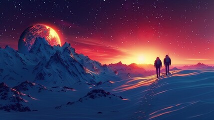 Fototapeta premium Journey to a New Planet: Explorers embark on an adventure to a newly discovered planet