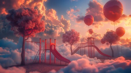 Fototapeta premium Dreamlike Playground Amongst Clouds with Surreal Red Trees and Balloons