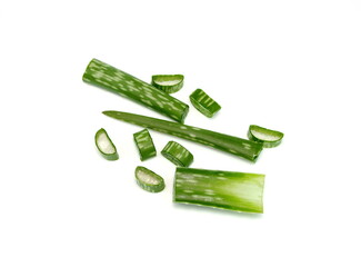 Aloe vera with slices isolated on white background. Top view. Flat lay.