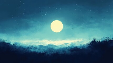 Serene Night Sky with Full Moon Over Dark Landscape