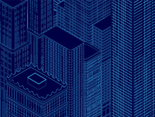 Blue cityscape with buildings and a rooftop. The buildings are tall