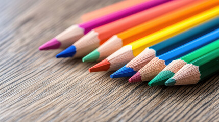 Colorful pencils arranged on wooden surface, showcasing vibrant hues and sharp tips, perfect for artistic projects and creative expression