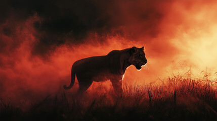 Ember Huntress: A Lioness Silhouetted Against a Fiery Red Sky of Smoke and Flame