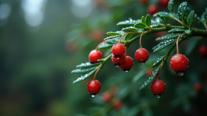 Obraz premium Close-Up of Dew-Covered Red Berries on Evergreen Branch in a Forest