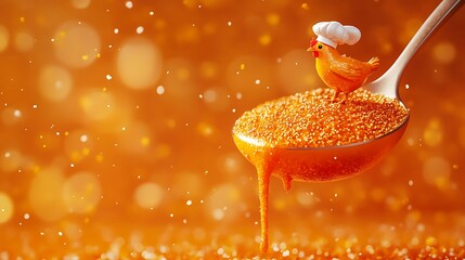 A Whimsical Giant 3D Spoon Dripping Curry with a Tiny Chef Bird on Top Against a Dreamy Orange Background for a Playful Culinary Theme