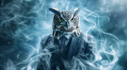 Owl-Headed Leader in Suit Amidst Ethereal Blue Smoke with Abstract Symbols