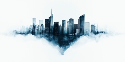 Urban Cityscape Silhouette with Shimmering Skyline and Mystical Fog Effect
