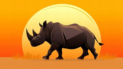 Fototapeta premium A majestic rhino walks across the savanna at sunset. The warm colors create a peaceful scene.