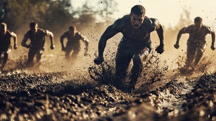 A group of determined athletes racing through muddy terrain, showcasing strength and perseverance in a challenging outdoor competition.