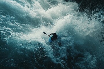Fototapeta premium A kayaker battles powerful rapids, showcasing the thrill and skill of extreme water sports against a dramatic backdrop.