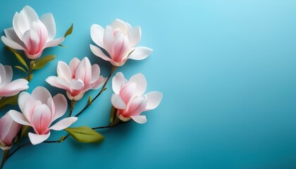 Fototapeta premium magnolia plants branch on light blue background with spring subject matter tilted attitude