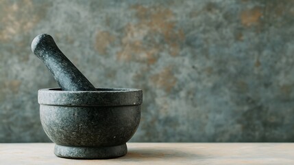 Mortar and Pestle for Crushing Fresh Spices on a Wooden Surface with a Textured Background, Perfect for Culinary and Kitchen Decor