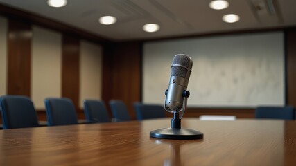Side view of microphone and tablet computer placed on meeting table in conference room of local administration, copy space