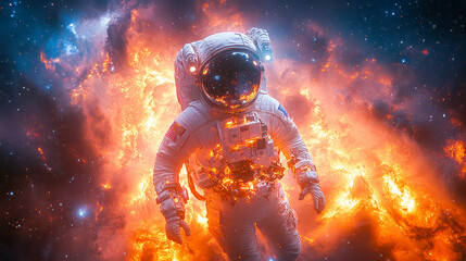 Fototapeta premium Astronaut explores a vibrant cosmic landscape illuminated by swirling galaxies and colorful nebulae in deep space