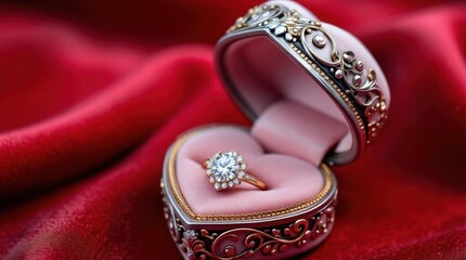 Naklejka premium Heart-Shaped Jewelry Box with Diamond Ring on Red Velvet Fabric Background