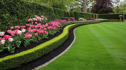 Classic English Gardens with Colorful Flower Beds and Manicured Hedges, a vibrant display of blooming roses and tulips in perfectly trimmed hedges, highlighted with soft neon glows at sunrise