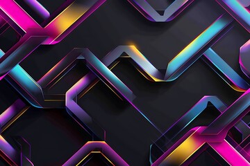 Interlocking neon pink, purple, blue, and gold geometric shapes create an abstract, vibrant, and dynamic digital art background. The dark background contrasts the bright, glossy shapes.