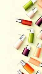 Obraz premium Colorful cosmetic bottles arranged on a pale yellow background; flat lay product shot for beauty or packaging design
