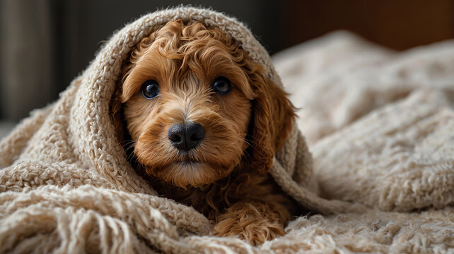 Wallpaper with curly mini goldendoodle puppy under a blanket