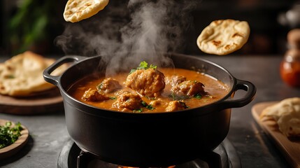 Steaming Pot of Curried Chicken Served with Rising Steam and Floating Bread, Capturing the Essence of Deliciousness and Culinary Art in a Cozy Kitchen Setting