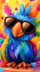 Colorful parrot enjoying autumn in stylish sunglasses among vibrant yellow leaves