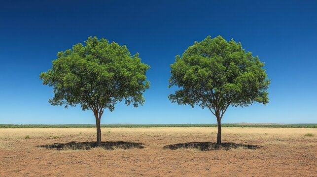 Two identical trees in a barren landscape under a clear blue sky.