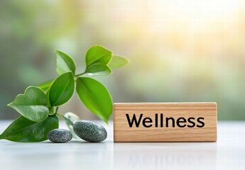 A wooden sign with the word wellness written on it