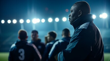 Football Coach Leading Team Under Stadium Lights with Determination and Focus