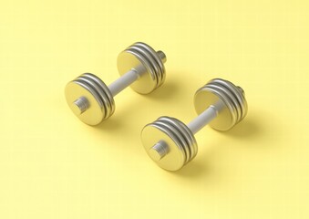 Two dumbbells are on a yellow background