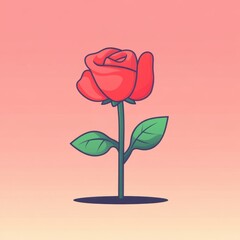 Bright and Vibrant Red Rose with Green Leaves Against a Soft Pink Background Perfect for Celebrating Love, Nature, and Beauty in Illustrative Style