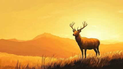Majestic Stag Silhouette at Golden Hour Sunset Landscape