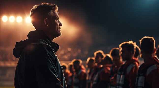 Confident Coach Leading a Team Under Stadium Lights Displaying Courageous Leadership