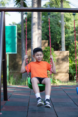 Boy playing on the swing in the park.