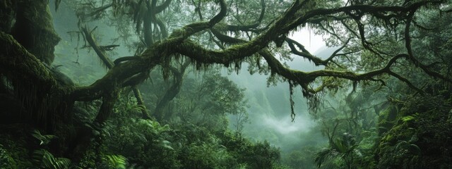 A mystical view of a dense cloud forest shrouded in mist, with ancient trees and hanging moss, Cloud forest scene