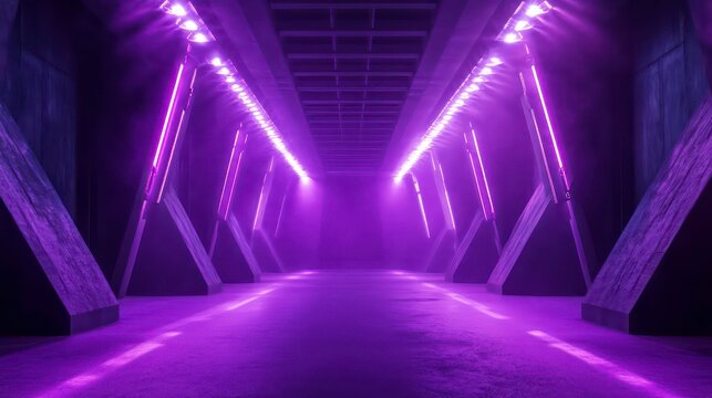 Futuristic purple-lit corridor with triangular structures and vibrant lighting.