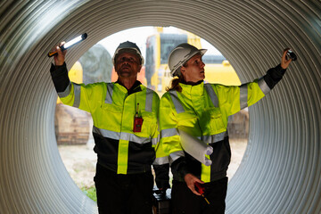 Female and male engineers work inside a large steel pipe. Workers build pipelines to transport oil,...