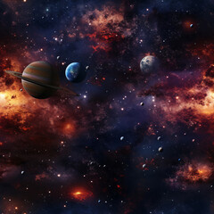 Majestic Cosmic Scene Featuring Colorful Planets, Asteroids, and Vibrant Nebulae in a Deep Space Environment