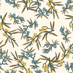 Seamless pattern with textured sea buckthorn branches. Botanical stylish background. Vector print, design