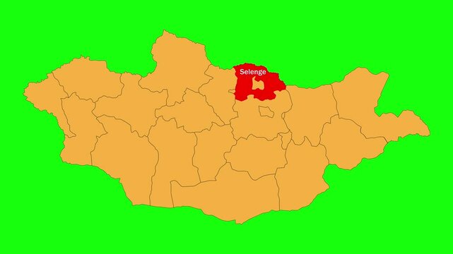 Selenge map animated video. The location is highlighted on the Mongolia map. Color map with Green screen background in video format.	