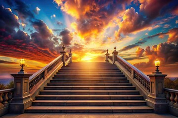 Obraz premium A celestial stairway ascends through sunset hues, guiding dreams towards higher realms.