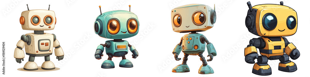 Poster colorful cartoon robots in vector style with stitching details for creative projects and designs