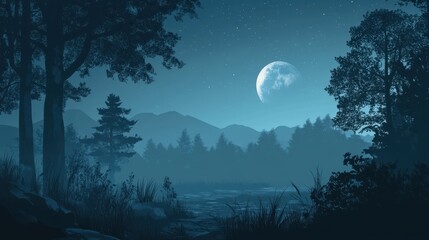 Fototapeta premium Serene Nighttime Forest Scene With Full Moon And Mountains