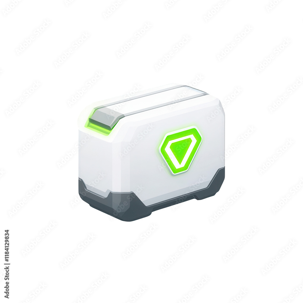 Poster futuristic storage box design with a green accent and streamlined shape., isolated on a transparent 